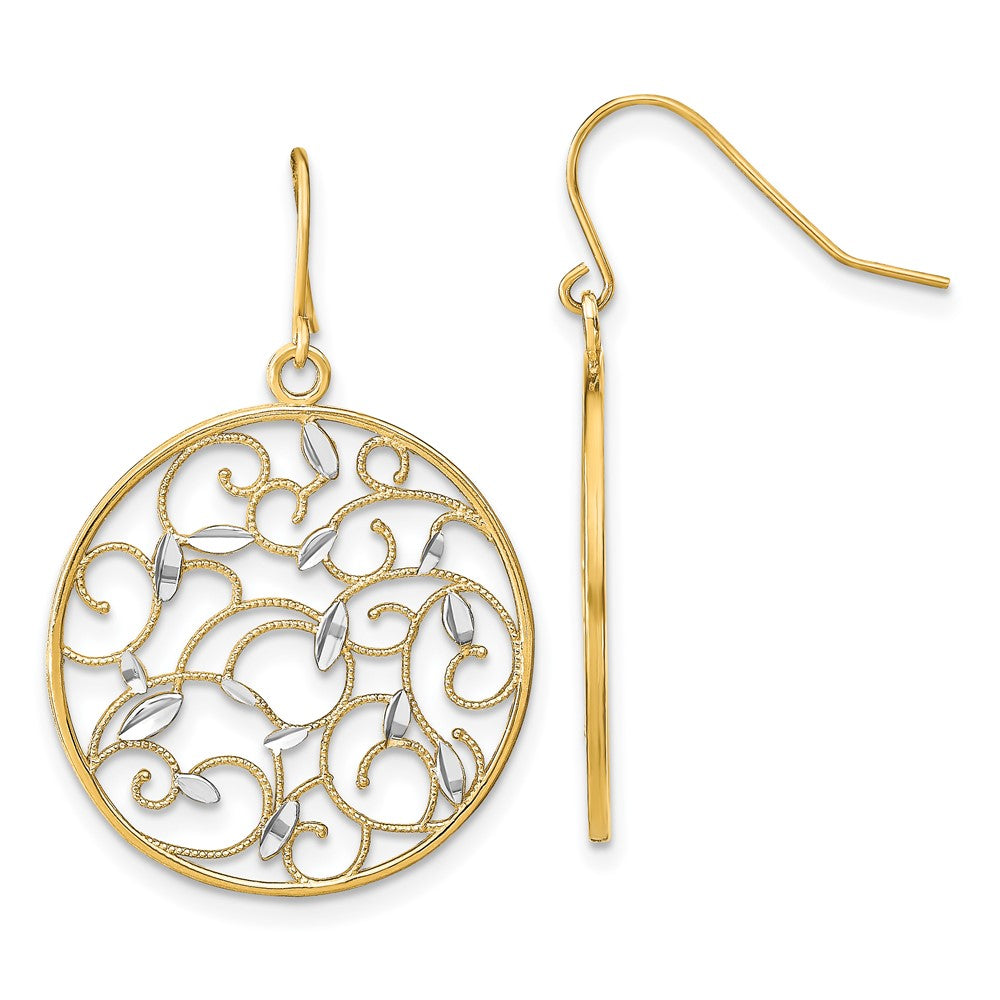 14K Gelb & Rhodium mit Rhodium Blumen Filigran Medallion Draht Ohrringe