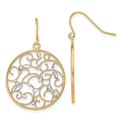 14K Gelb & Rhodium mit Rhodium Blumen Filigran Medallion Draht Ohrringe