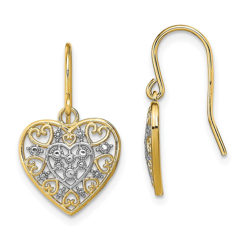 14K Gelb & Rhodium mit Rhodium Poliert Filigran Herzen Hirte Haken Ohrringe