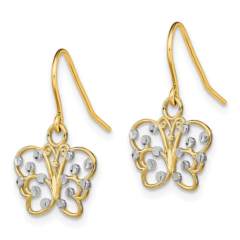 14K Gelb & Rhodium mit Diamantiert Schmetterling Draht Ohrringe