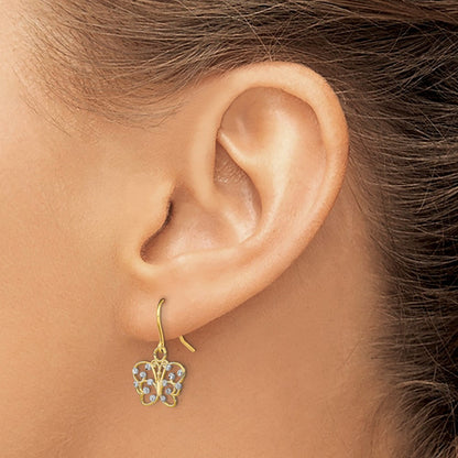 14K Gelb & Rhodium mit Diamantiert Schmetterling Draht Ohrringe