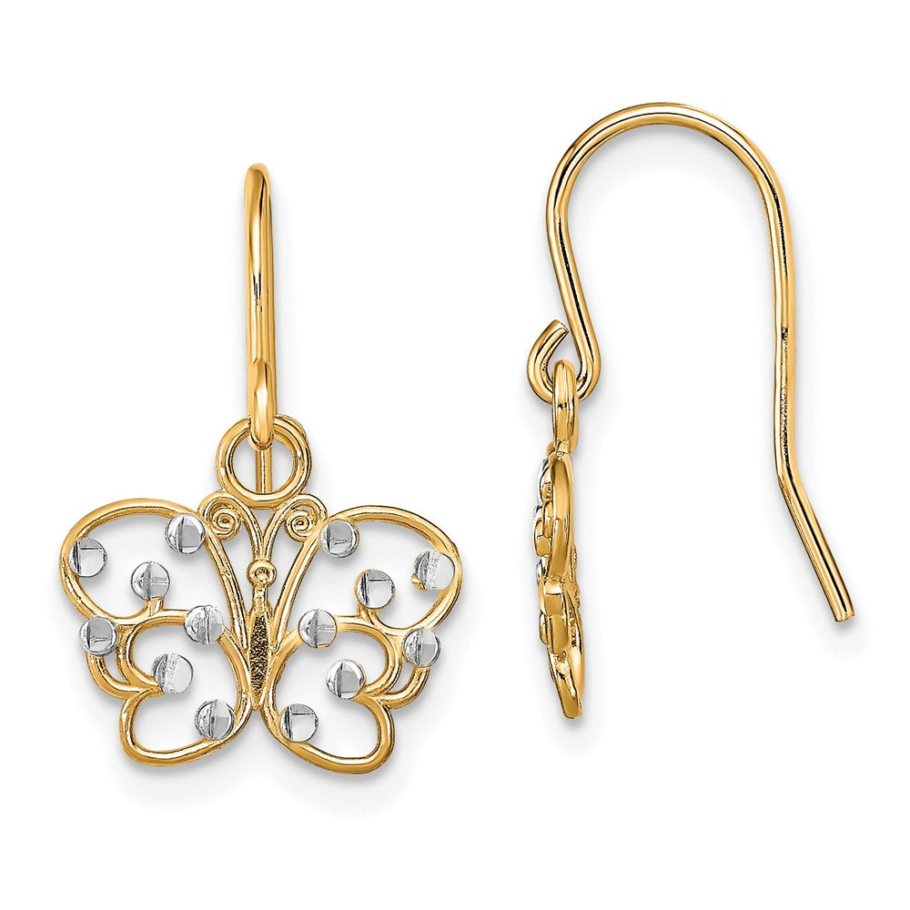 14K Gelb & Rhodium mit Diamantiert Schmetterling Draht Ohrringe