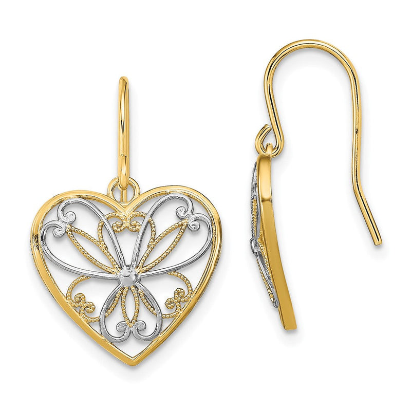 14K Gelb & Rhodium mit Rhodium Poliert Filigran Herz Hirte Haken Ohrringe