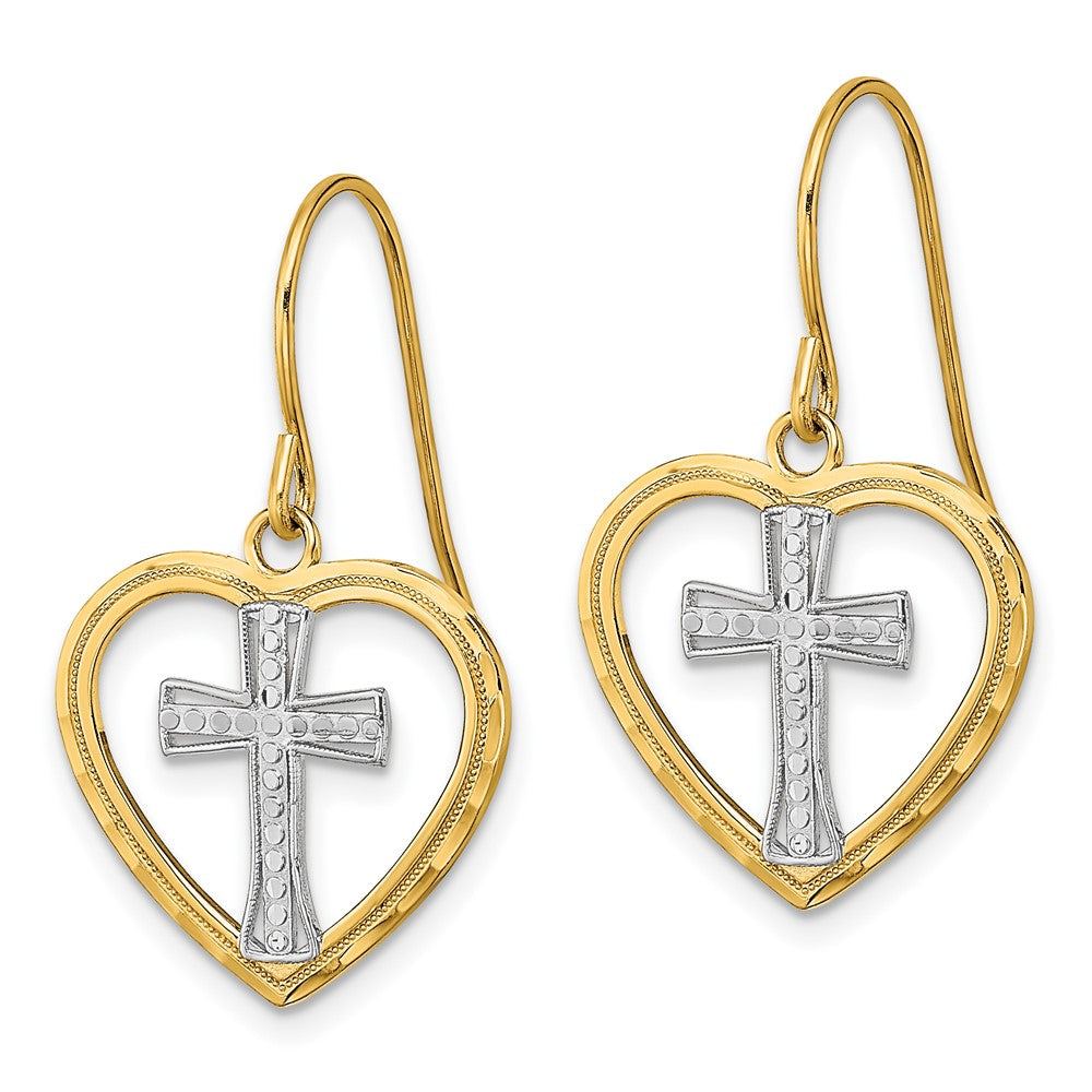 14K Gelb & Rhodium mit Rhodium Kreuz in Mittig Herz Ohrringe