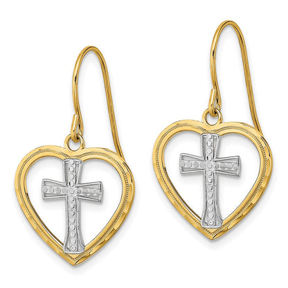 14K Gelb & Rhodium mit Rhodium Kreuz in Mittig Herz Ohrringe