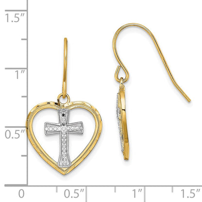 14K Gelb & Rhodium mit Rhodium Kreuz in Mittig Herz Ohrringe