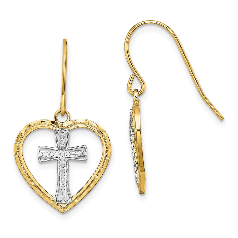 14K Gelb & Rhodium mit Rhodium Kreuz in Mittig Herz Ohrringe