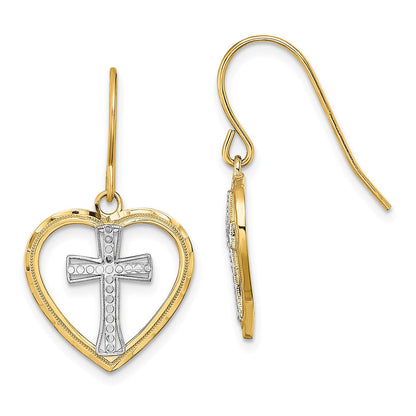 14K Gelb & Rhodium mit Rhodium Kreuz in Mittig Herz Ohrringe