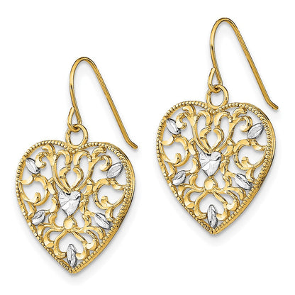 14K Gelb & Rhodium mit Rhodiniert Filigran Ausgeschnitten Herz Draht Ohrringe