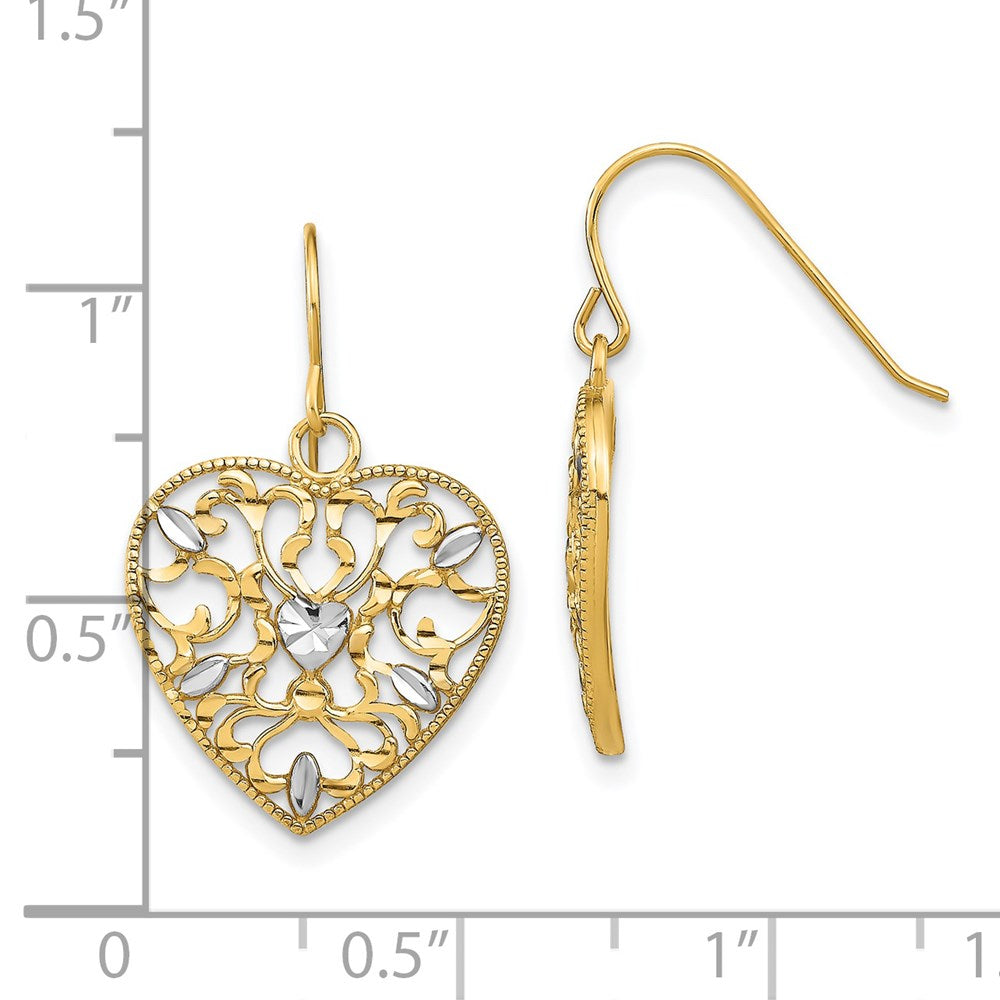 14K Gelb & Rhodium mit Rhodiniert Filigran Ausgeschnitten Herz Draht Ohrringe