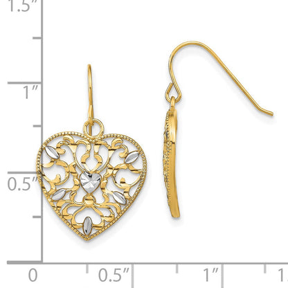 14K Gelb & Rhodium mit Rhodiniert Filigran Ausgeschnitten Herz Draht Ohrringe