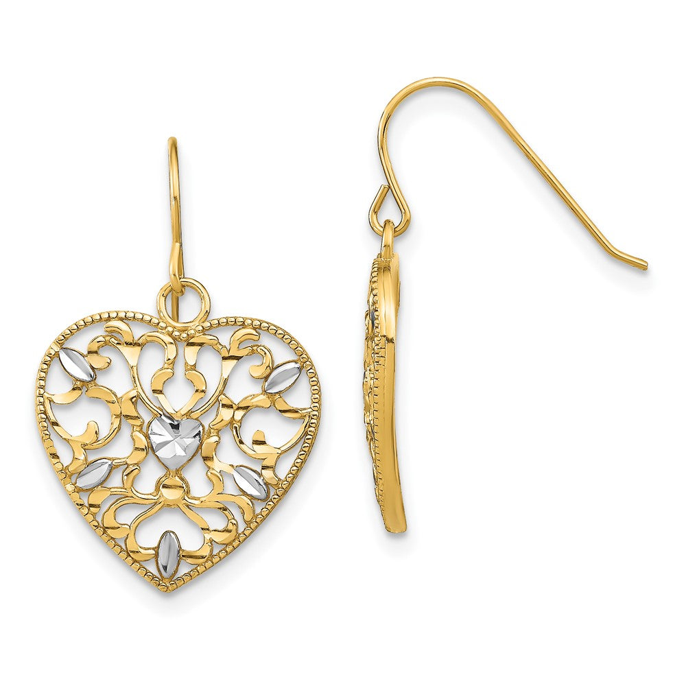 14K Gelb & Rhodium mit Rhodiniert Filigran Ausgeschnitten Herz Draht Ohrringe