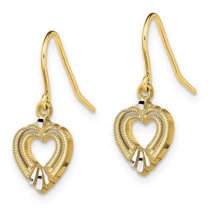 14K Gelb & Rhodium mit Weiß Poliert Herz Hirte Haken Ohrringe