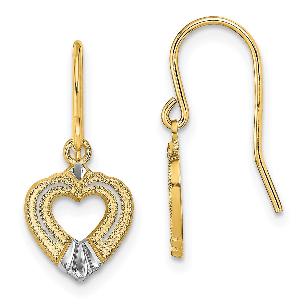 14K Gelb & Rhodium mit Weiß Poliert Herz Hirte Haken Ohrringe