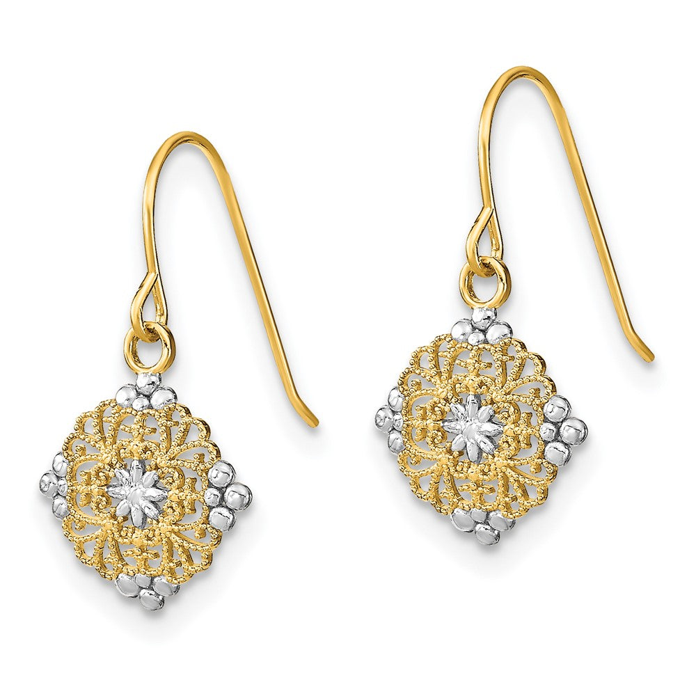 14K Gelb & Rhodium mit Rhodium Diamantiert Mittig Mini Filigran Medallion Ohrringe