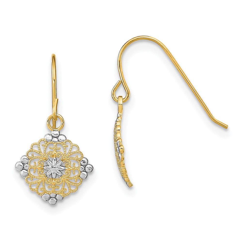 14K Gelb & Rhodium mit Rhodium Diamantiert Mittig Mini Filigran Medallion Ohrringe