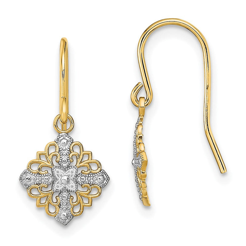 14K Gelb & Rhodium mit Rhodium Fantasie Filigran Hängend Draht Ohrringe
