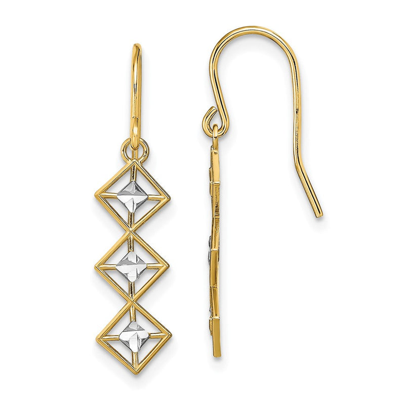 14K Gelb & Rhodium mit Rhodium Fantasie Diamantiert Hängend Draht Ohrringe
