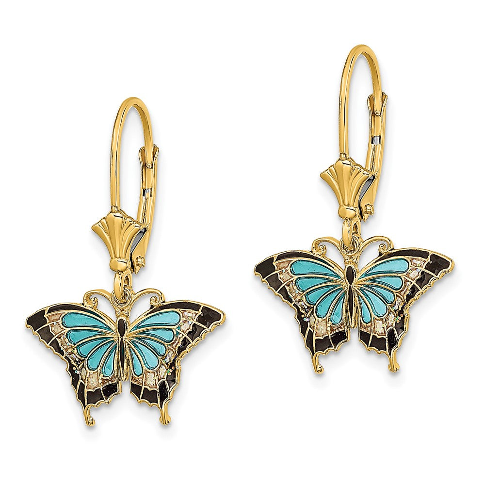 14K Gelbgold mit Aqua Emailliert Flügel Schmetterling Ohrhänger mit Brisur