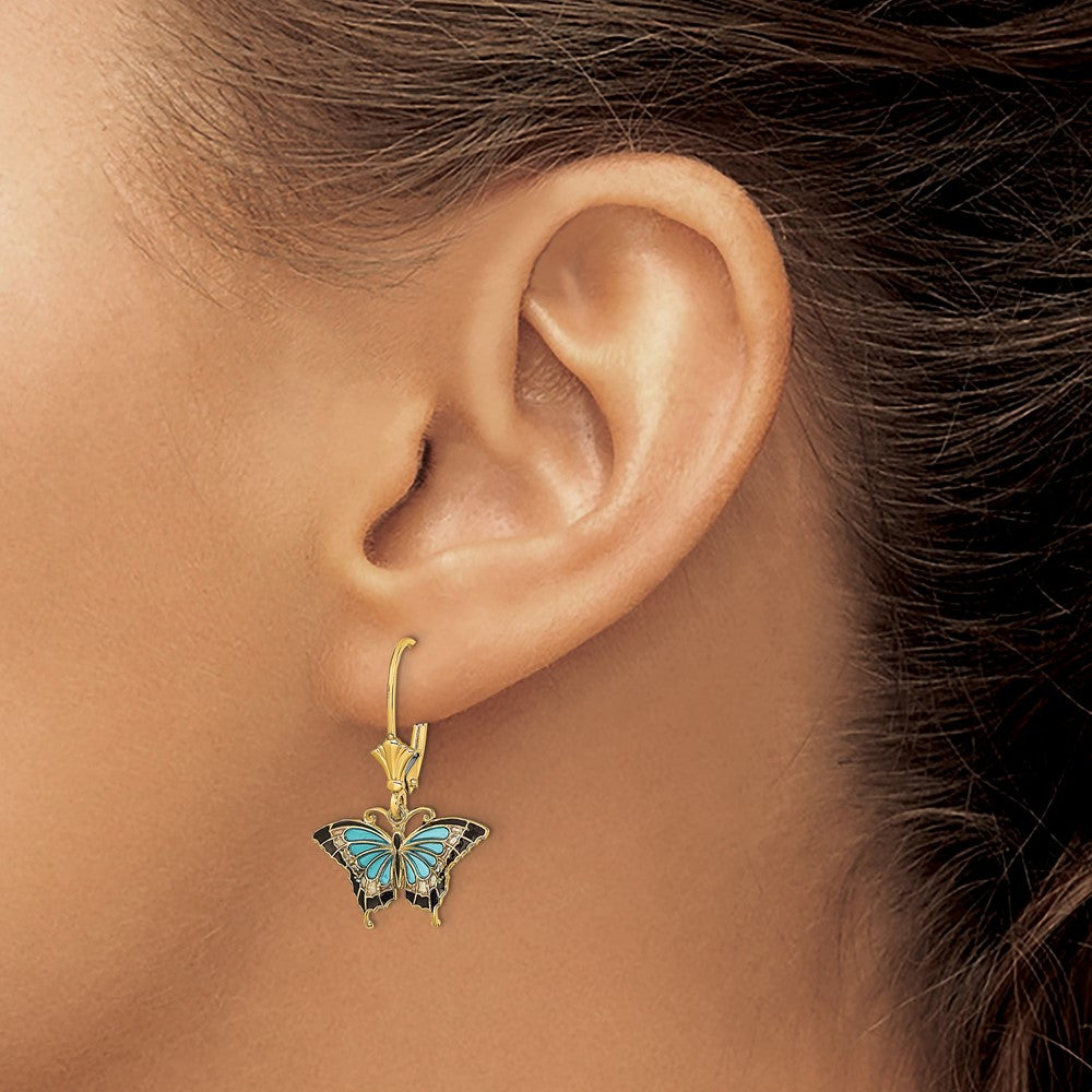 14K Gelbgold mit Aqua Emailliert Flügel Schmetterling Ohrhänger mit Brisur