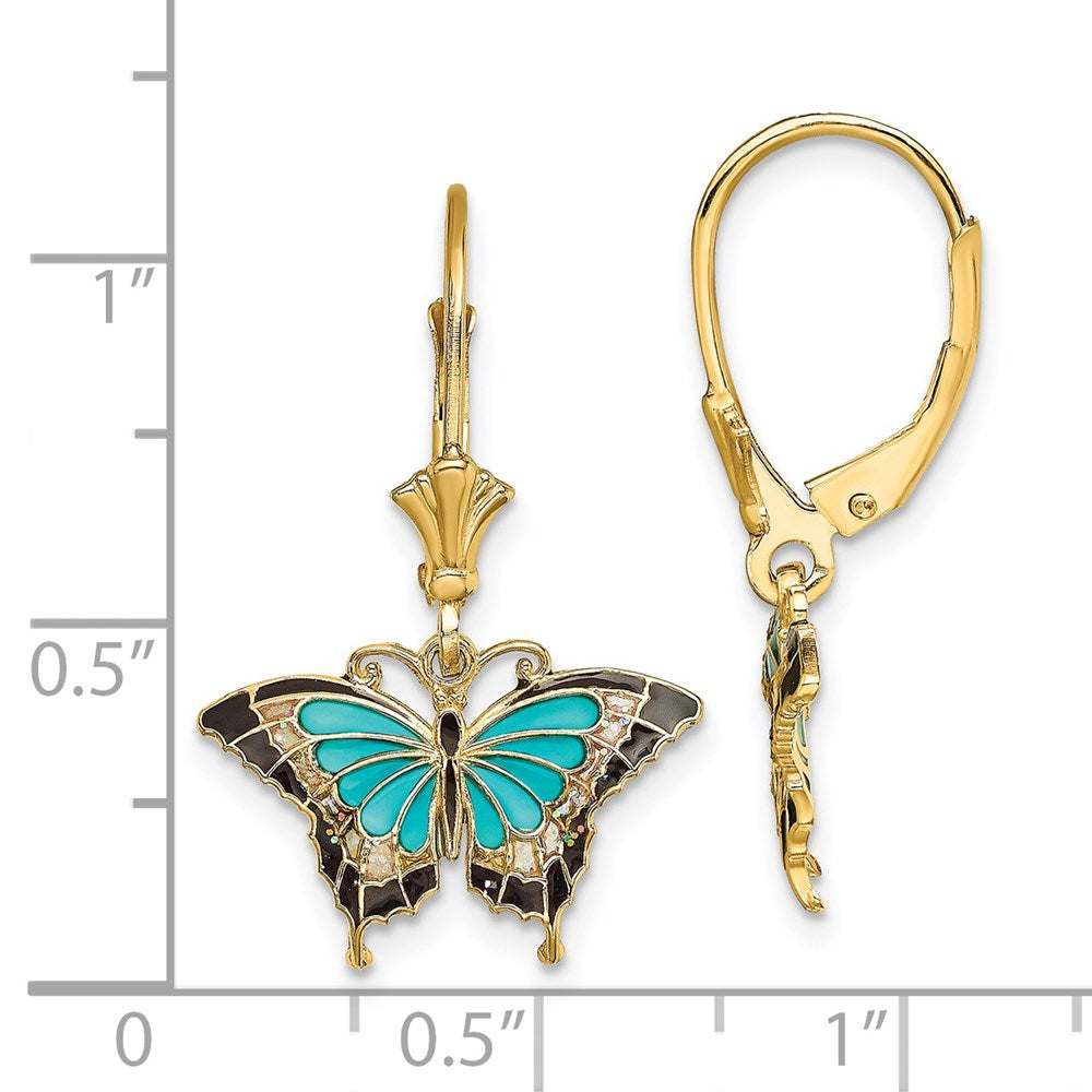 14K Gelbgold mit Aqua Emailliert Flügel Schmetterling Ohrhänger mit Brisur