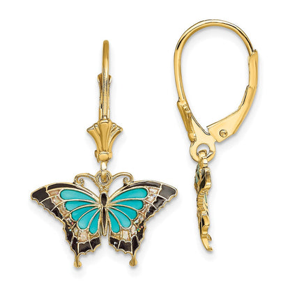 14K Gelbgold mit Aqua Emailliert Flügel Schmetterling Ohrhänger mit Brisur