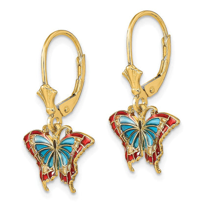 14K Gelbgold mit Blau und Rot Emailliert Flügel Schmetterling Ohrhänger mit Brisur