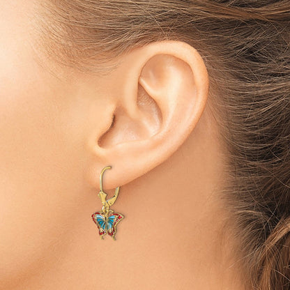 14K Gelbgold mit Blau und Rot Emailliert Flügel Schmetterling Ohrhänger mit Brisur