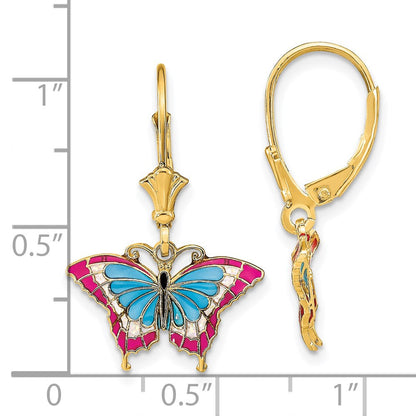 14K Gelbgold mit Blau und Rot Emailliert Flügel Schmetterling Ohrhänger mit Brisur
