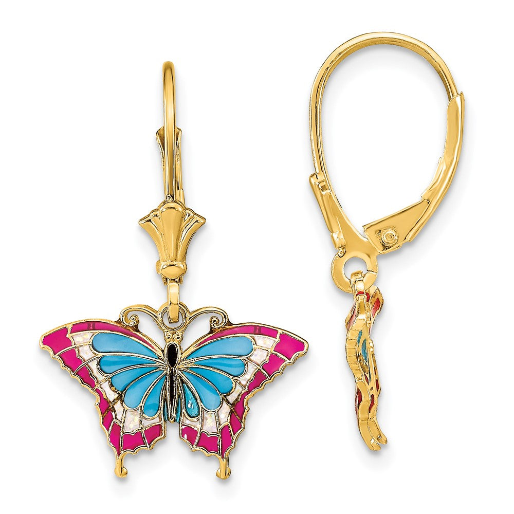 14K Gelbgold mit Blau und Rot Emailliert Flügel Schmetterling Ohrhänger mit Brisur
