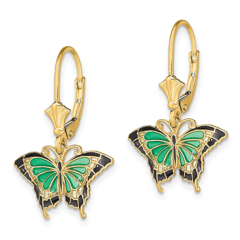 14K Gelbgold Schmetterling mit Grün Emailliert Flügel Ohrhänger mit Brisur