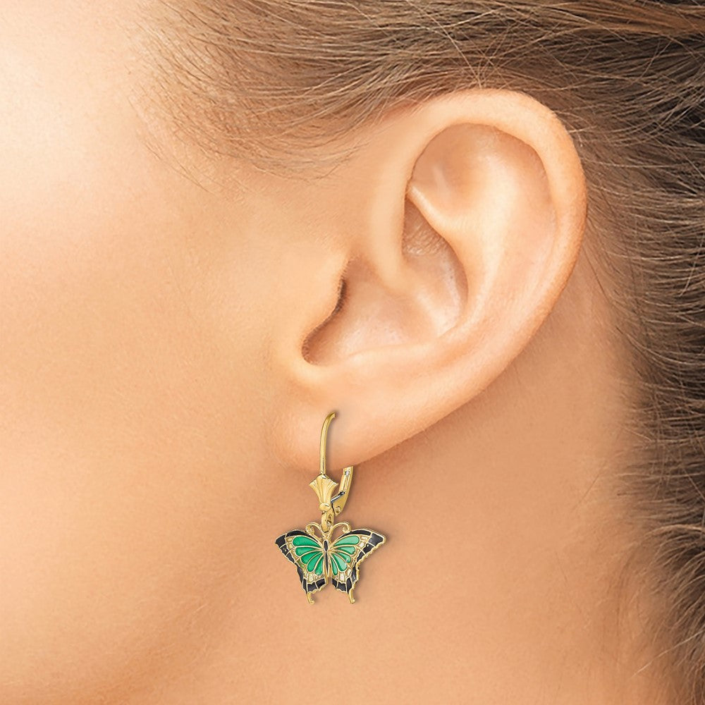 14K Gelbgold Schmetterling mit Grün Emailliert Flügel Ohrhänger mit Brisur
