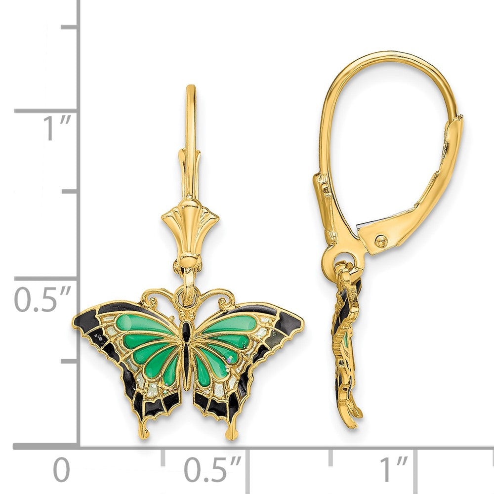 14K Gelbgold Schmetterling mit Grün Emailliert Flügel Ohrhänger mit Brisur