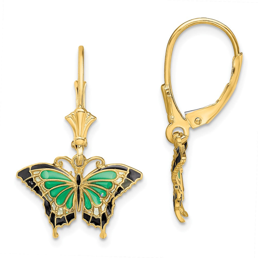 14K Gelbgold Schmetterling mit Grün Emailliert Flügel Ohrhänger mit Brisur