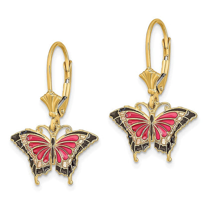 14K Gelbgold Rosa Emailliert Schmetterling Ohrhänger mit Brisur