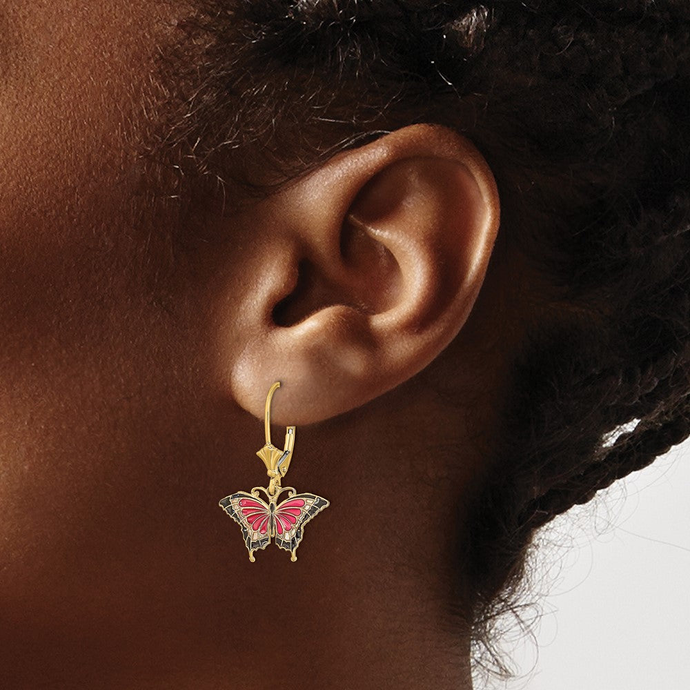 14K Gelbgold Rosa Emailliert Schmetterling Ohrhänger mit Brisur