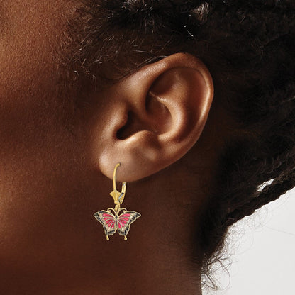 14K Gelbgold Rosa Emailliert Schmetterling Ohrhänger mit Brisur