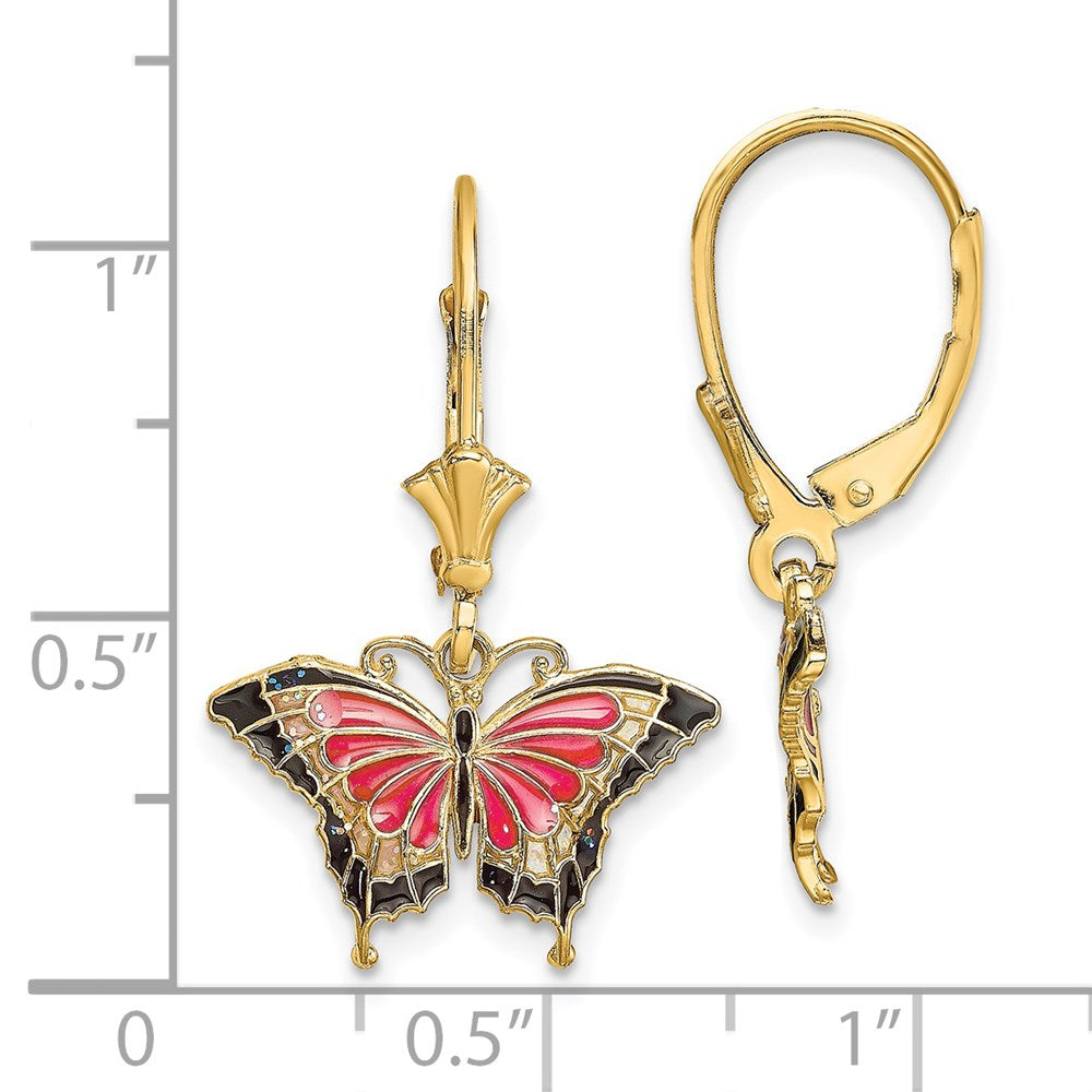 14K Gelbgold Rosa Emailliert Schmetterling Ohrhänger mit Brisur