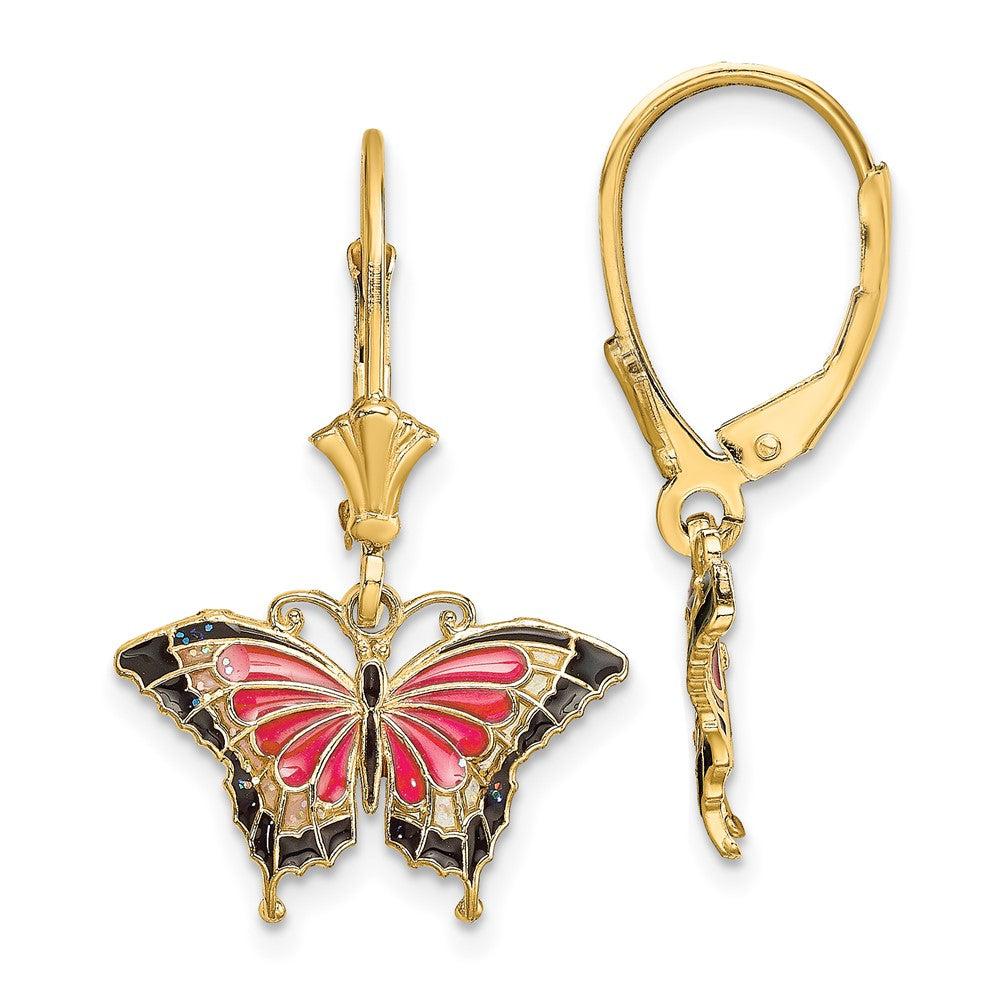 14K Gelbgold Rosa Emailliert Schmetterling Ohrhänger mit Brisur