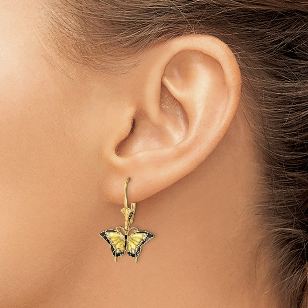 14K Gelbgold Schmetterling-Ohrringe mit gelb emaillierten Fluegeln und Leverback-Verschluss
