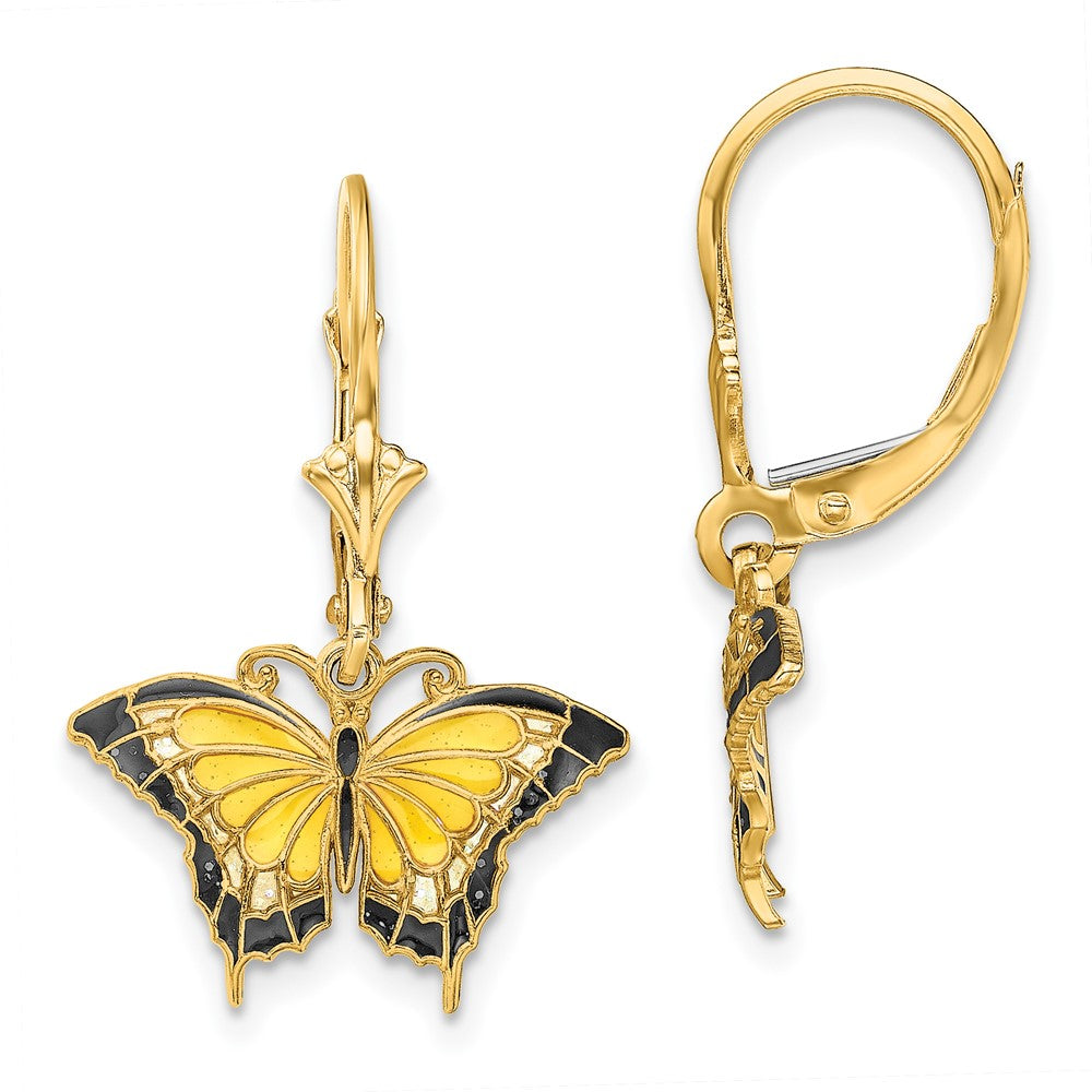 14K Gelbgold Schmetterling-Ohrringe mit gelb emaillierten Fluegeln und Leverback-Verschluss