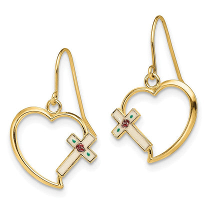 14K Gelbgold mit Emaille Kreuz Herz Ohrhänger