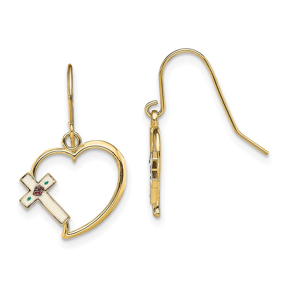 14K Gelbgold mit Emaille Kreuz Herz Ohrhänger
