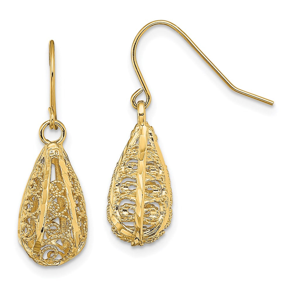 14K Gelbgold 3-D diamantierte Tropfen-Ohrhänger mit Ohrdraht