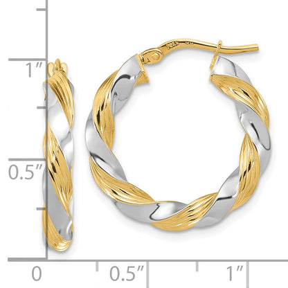 14K Gelb & Rhodium mit Weiß Poliert Gedreht Creolen