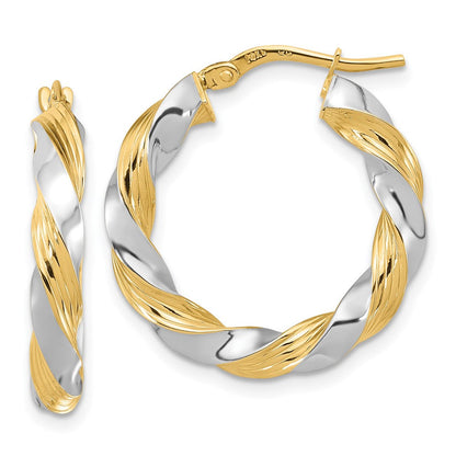 14K Gelb & Rhodium mit Weiß Poliert Gedreht Creolen