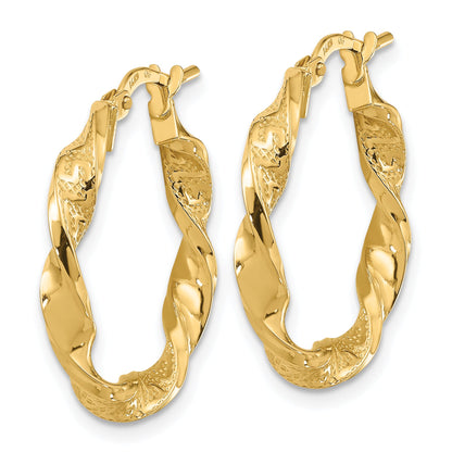 14K Gelbgold Poliert und Strukturiert Gedreht 3mm Creolen