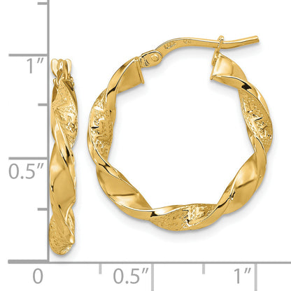 14K Gelbgold Poliert und Strukturiert Gedreht 3mm Creolen
