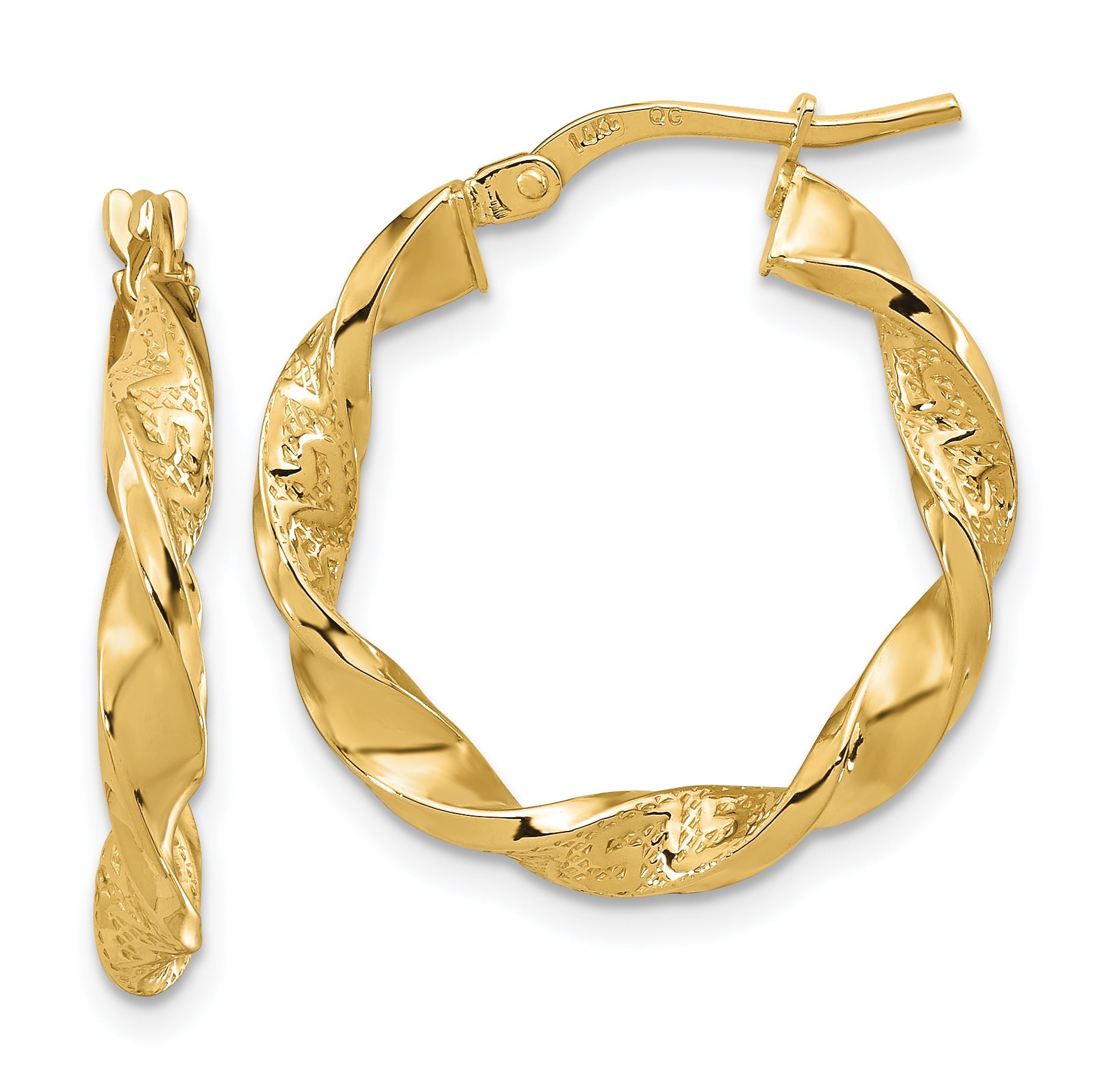 14K Gelbgold Poliert und Strukturiert Gedreht 3mm Creolen