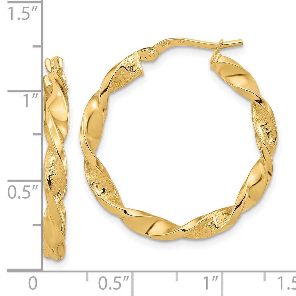 14K Gelbgold Poliert und Strukturiert Gedreht Creolen